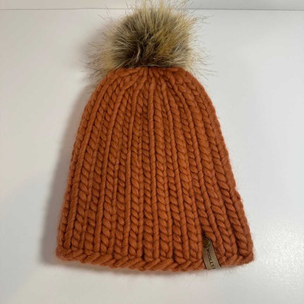 Woolly Bear Knits Wool Rust Orange Chunky Knit Beanie Faux Fur PomPom Winter Hat